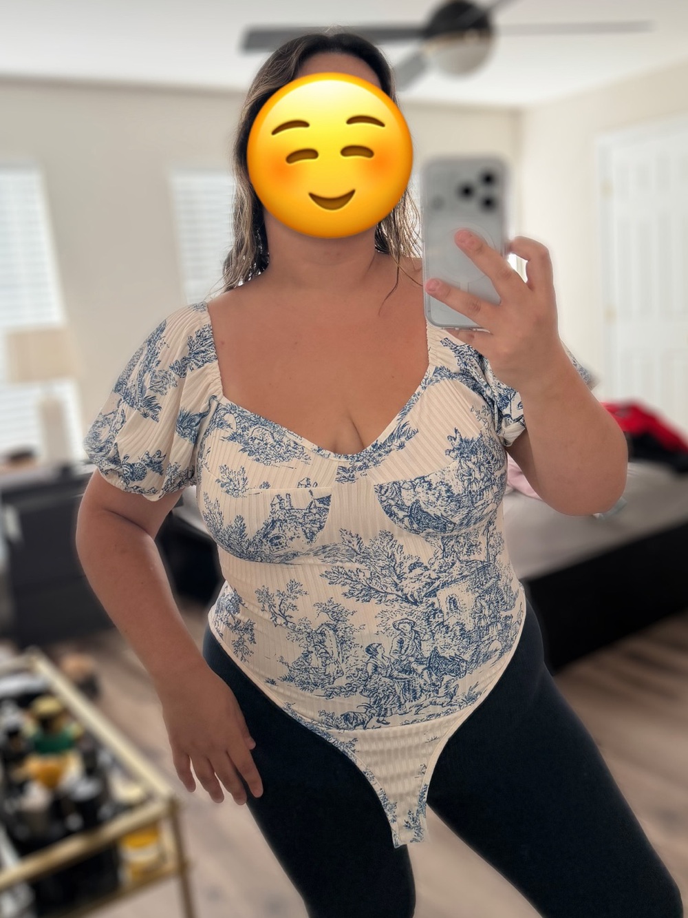 SHEIN Cream Bodysuit with Blue Toile Print and Puff Sleeves